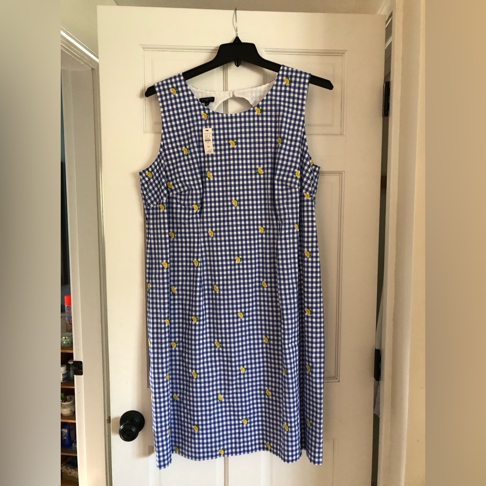 Talbots sleeveless gingham dress with lemon embroidered
